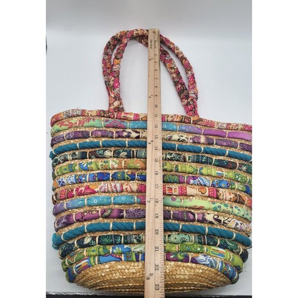 Cappelli Straworld Colorful Beach Tote Straw w/ Multicolor Fabric Boho Festival - Picture 9 of 10